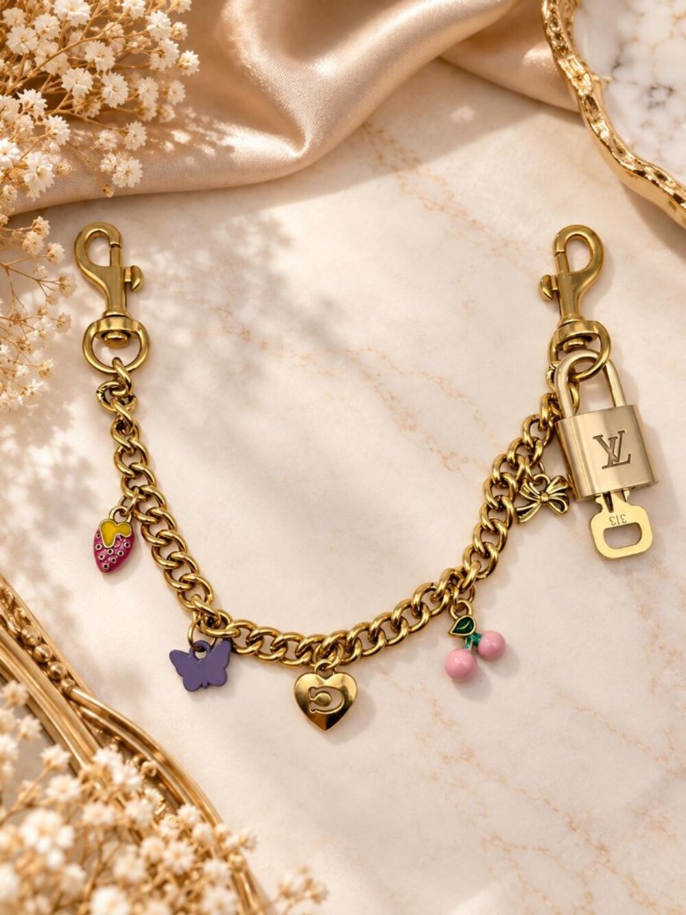 Authentic Louis Vuitton Gold Padlock with Unbranded Decorative Bag Chain / Charm
